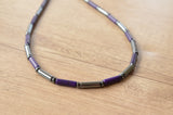 Mens Purple Gray Thin Hematite Magnesite Beaded Long Short Necklace - Wyatt