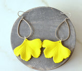Yellow Ginkgo Matte Leaf Lucite Petal Silver Big Statement Earrings - Avery