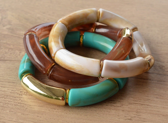 Turquoise Green Brown Ivory Acrylic Bead Lucite Tube Stretch Womens Bracelet