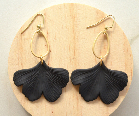 Black Ginkgo Matte Leaf Lucite Petal Silver Big Statement Earrings - Avery