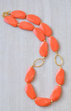 Coral Orange Gold Lucite Long Statement Acrylic Bead Necklace