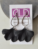 Black Ginkgo Matte Leaf Lucite Petal Silver Big Statement Earrings - Avery