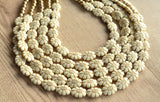 Ivory Gold Flower Lucite Acrylic Beaded Multi Strand Statement Necklace - Ginny
