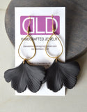 Black Ginkgo Matte Leaf Lucite Petal Silver Big Statement Earrings - Avery