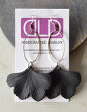 Black Ginkgo Matte Leaf Lucite Petal Silver Big Statement Earrings - Avery