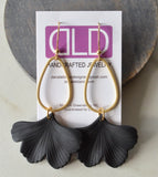 Black Ginkgo Matte Leaf Lucite Petal Silver Big Statement Earrings - Avery