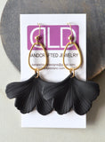 Black Ginkgo Matte Leaf Lucite Petal Silver Big Statement Earrings - Avery