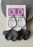 Black Ginkgo Matte Leaf Lucite Petal Silver Big Statement Earrings - Avery