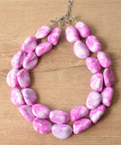 Pink White Lucite Beaded Multi Strand Chunky Statement Necklace - Pebbles
