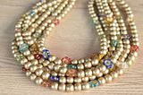Gold Multi Color Flower Matte Beaded Acrylic Chunky Statement Necklace - Gwen