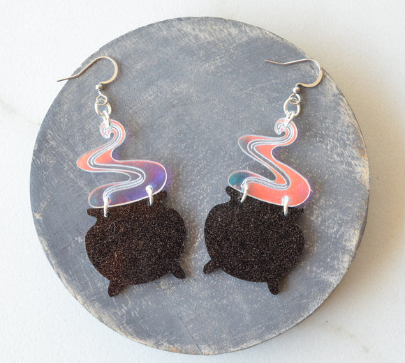 Witch Cauldron Halloween Acrylic Big Dangle Statement Earrings