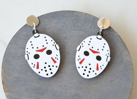 Jason Mask Halloween Acrylic Big Dangle Statement Earrings