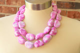 Pink White Lucite Beaded Multi Strand Chunky Statement Necklace - Pebbles