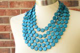 Teal Green Blue Wood Chunky Multi Strand Statement Necklace - Charlotte