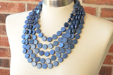 Blue Gray Wood Beaded Multi Strand Chunky Statement Necklace - Charlotte