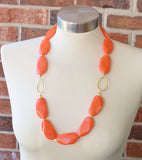 Coral Orange Gold Lucite Long Statement Acrylic Bead Necklace