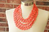 Orange Beaded Wood Chunky Multi Strand Statement Necklace - Charlotte