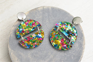 Rainbow Glitter Lucite Big Large Dangle Statement Earrings - Orville