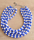 Blue White Acrylic Lucite Bead Chunky Multi Strand Statement Necklace - Alana