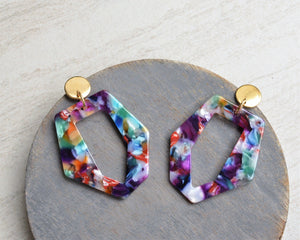 Multi Color Purple White Green Lucite Dangle Statement Earrings - Mia