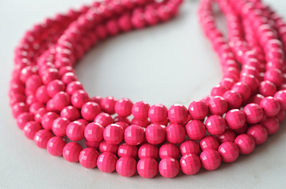 Hot Pink Beaded Acrylic Chunky Multi Strand Statement Necklace - Angelina