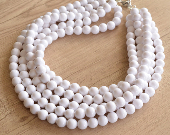 White Acrylic Big Bead Chunky Multi Strand Statement Necklace - Alana