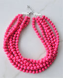 Hot Pink Beaded Acrylic Chunky Multi Strand Statement Necklace - Angelina