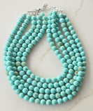 Turquoise Blue Beige Acrylic Bead Chunky Multi Strand Statement Necklace - Alana