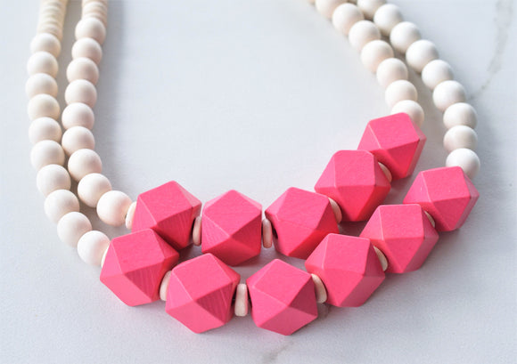 Hot Pink White Statement Beaded Wood Chunky Multi Strand Necklace - Riley