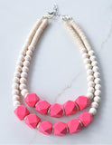Hot Pink White Statement Beaded Wood Chunky Multi Strand Necklace - Riley