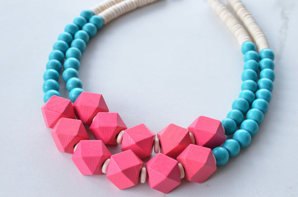 Hot Pink Turquoise White Statement Beaded Wood Chunky Multi Strand Necklace - Riley