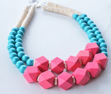 Hot Pink Turquoise White Statement Beaded Wood Chunky Multi Strand Necklace - Riley
