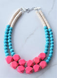 Hot Pink Turquoise White Statement Beaded Wood Chunky Multi Strand Necklace - Riley