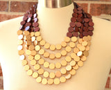 Brown Gold Wood Beaded Chunky Multi Strand Statement Necklace - Regan
