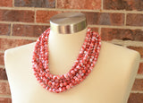 Red White Acrylic Lucite Bead Chunky Multi Strand Statement Necklace - Alana
