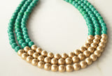 Dark Green Gold Acrylic Bead Multi Strand Color Block Statement Necklace - Renee