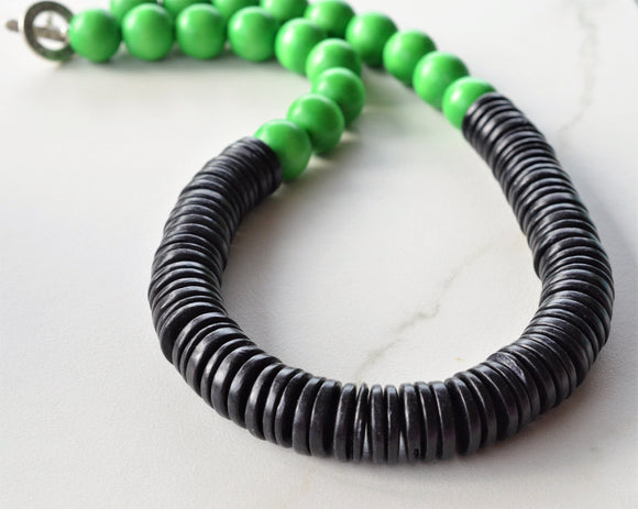 Lime Green Black Chunky Wood Long Boho Beaded Statement Necklace - Elena