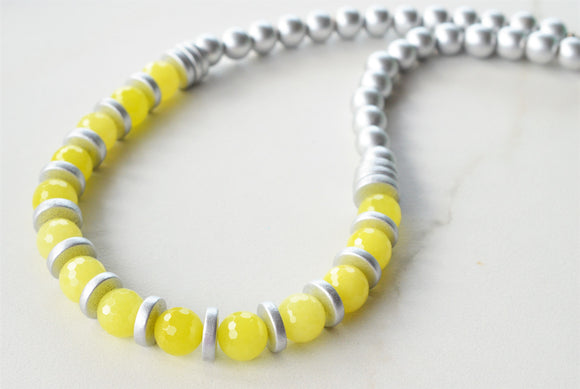 Yellow Silver Statement Long Bead Chunky Jade Necklace - Mollie