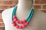 Hot Pink Turquoise White Statement Beaded Wood Chunky Multi Strand Necklace - Riley