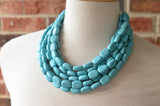 Turquoise Blue Lucite Acrylic Beaded Chunky Multi Strand Statement Necklace - Lauren
