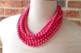 Hot Pink Beaded Acrylic Chunky Multi Strand Statement Necklace - Angelina