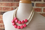 Hot Pink White Statement Beaded Wood Chunky Multi Strand Necklace - Riley