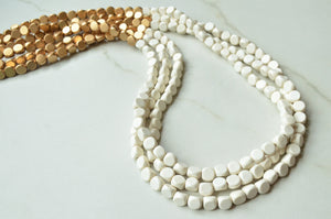 White Gold Long Wood Beaded Multi Strand Statement Necklace - Jenna