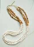 White Gold Long Wood Beaded Multi Strand Statement Necklace - Jenna