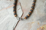 Mens Wood Lava Rock Brown Black Beaded Long Short Necklace - Mac
