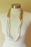 White Gold Long Wood Beaded Multi Strand Statement Necklace - Jenna