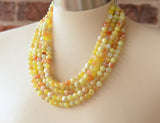 Yellow White Statement Beaded Chunky Faceted Stone Necklace - Tara