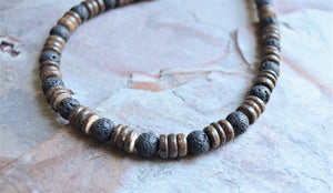 Mens Black Brown Wood Lava Rock Beaded Surfer Long Short Necklace