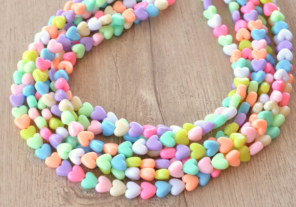 Pastel Heart Acrylic Bead Multi Strand Valentines Statement Necklace