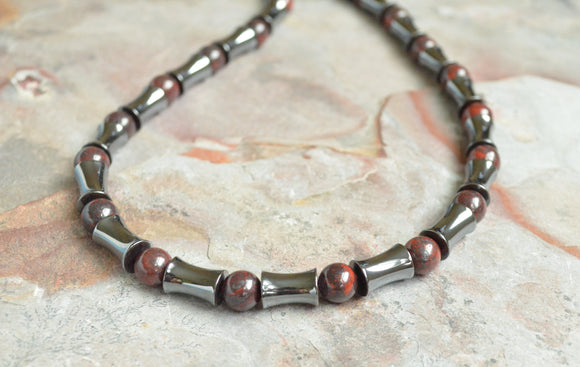 Mens Red Brown Gray Beaded Hematite Long Jasper Necklace - Marco